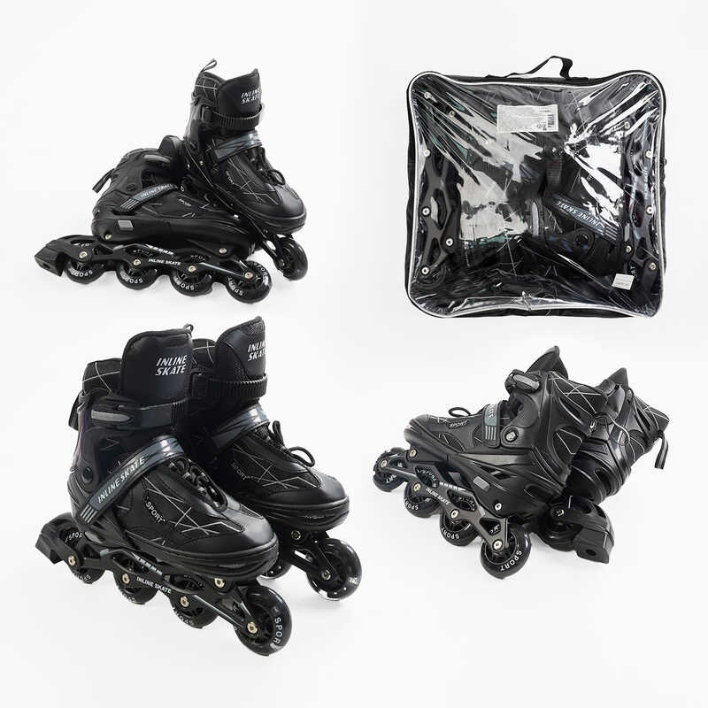 Ролики 74384-М /розмір 34-38/ колір – ЧОРНИЙ (6) колеса PU, устілка 20-24 см, ПЕРЕДНЄ КОЛЕСО СВІТЛО, d – 6.5 см, в сумці