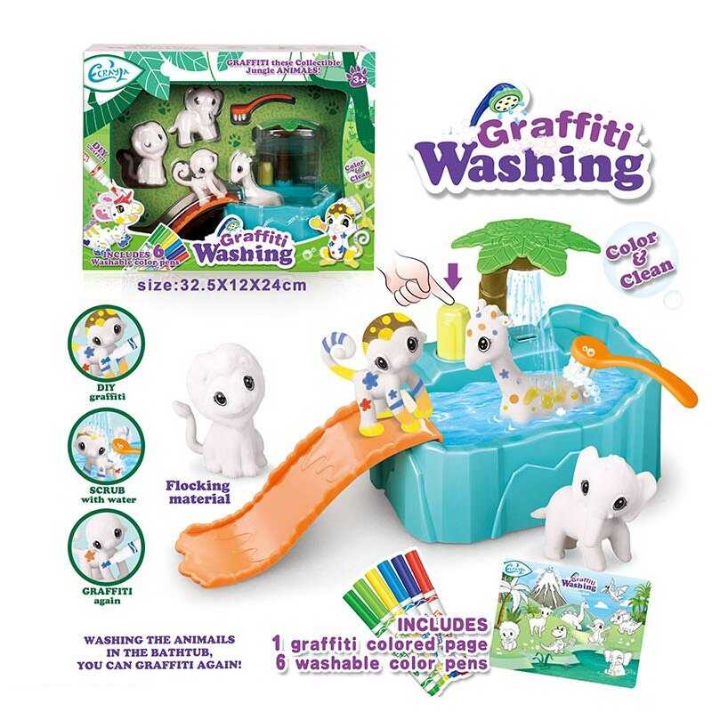 Набір для творчості 805 (24) 4 флоксові фігурки тварин, помпова подача води, 6 кольорових фломастерів, ванночка з гіркою, щіточка, в коробці