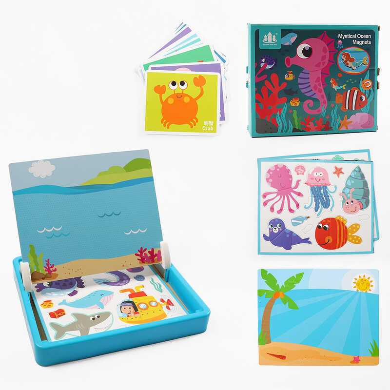 Дерев'яна магнітна дошка C 52501 (28) "Морські мешканці", маркер, картки, магніт, назви англійською мовою, в коробці