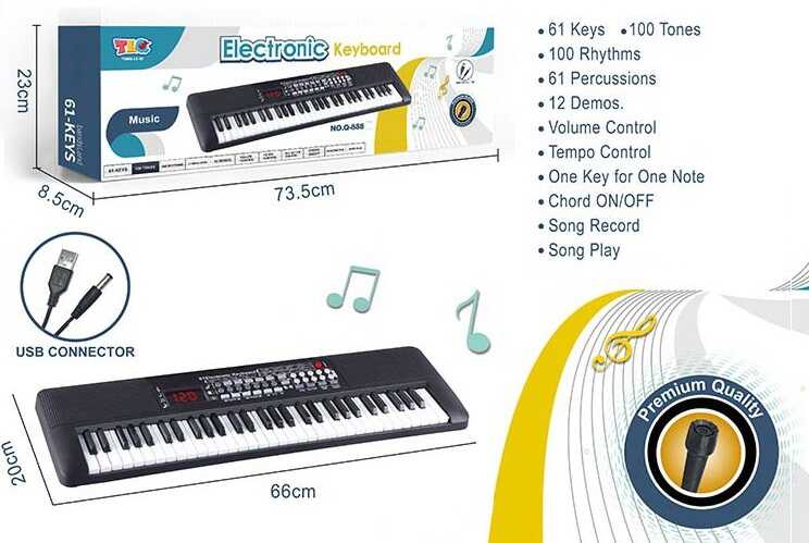 Синтезатор Q 888 (16) 61 клавіш, 12 мелодії, 100 тонів, 100 ритмів, від батарейок та від мережі, у коробці