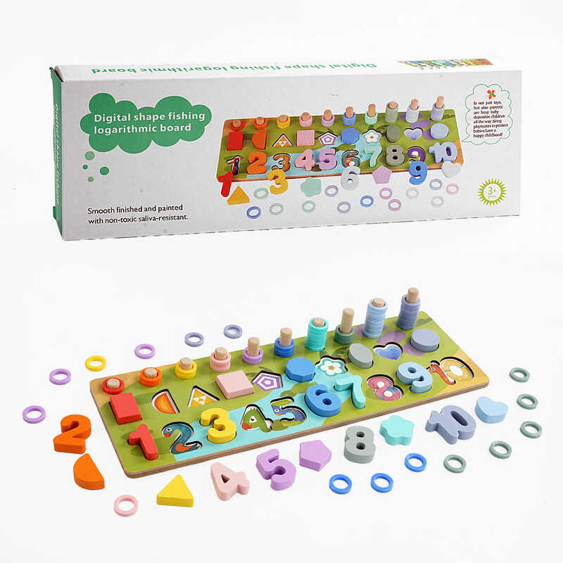 Логічна дерев’яна дошка C 65765 (36) кілочки з кільцями, сортер, цифри, геометричні фігури, в коробці