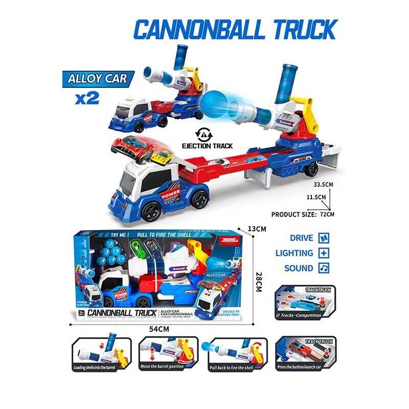 Трейлер JP 588-33 B (12) звуки, підсвічування, трек, 2 металопластикові машинки, 2 механічні запускачі, механічна ракетниця з м’якими кульками, м’які кульки, на батарейках, в коробці