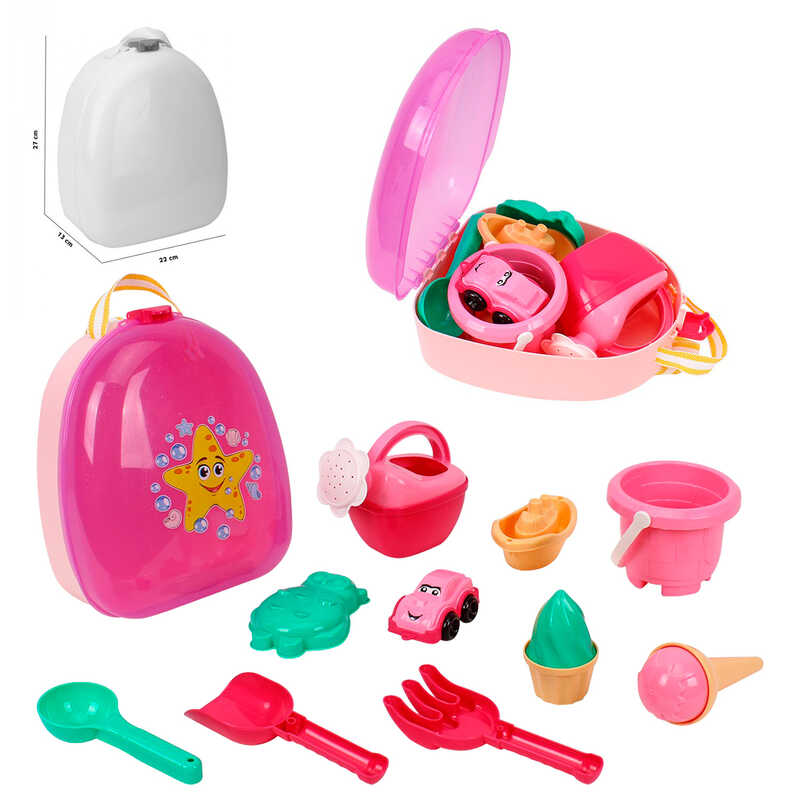 гр Набір для гри з піском 0310 (3) "Technok Toys", рюкзак, відерце, лопатка, граблі, формочки для піску, у сітці
