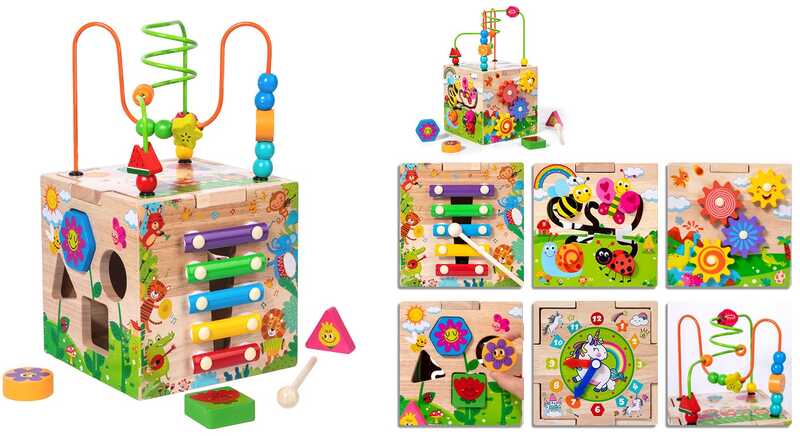 Куб логічний C 75615 (12) дерев’яний, ксилофон, 5 нот, годинник, пальчикові лабіринти, сортер, геометричні фігурки, рухомі шестерні, в коробці