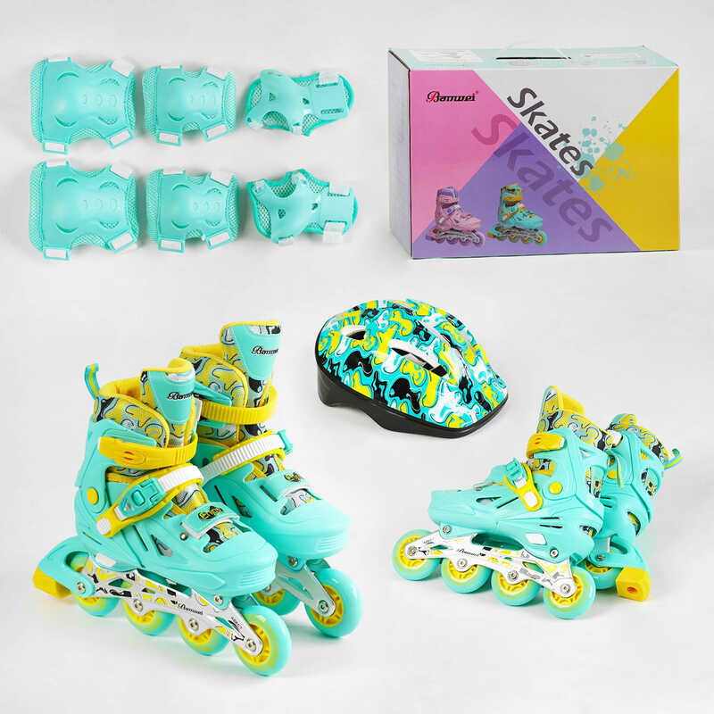 Ролики с захистом 30202-М розмір 35-38 (6) колір БІРЮЗОВИЙ, колеса PU, ПЕРЕДНЄ КОЛЕСО СВІТЛО, устілка – 18.5-20.5 см, d колес – 6.5 см, в коробці