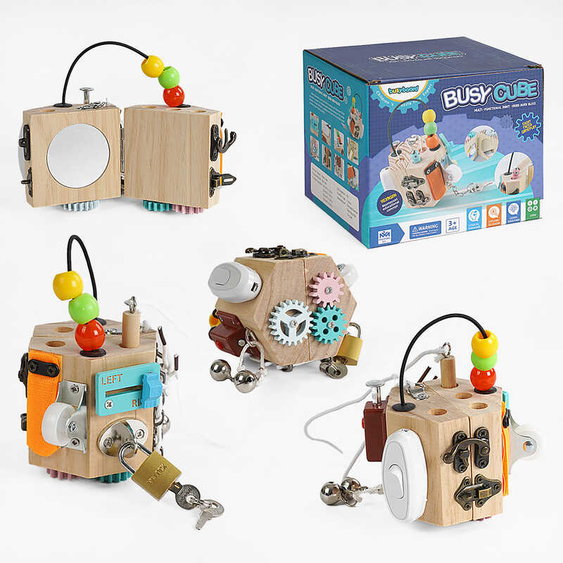 Бізіборд дерев'яний C 64873 (48) дерев’яний куб, 10 міні-ігор, в коробці