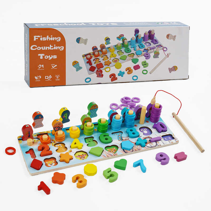 Логічна дерев’яна дошка C 67014 (56)  магнітна риболовля, кілочки з кільцями, сортер, цифри англійською, фігури, в коробці