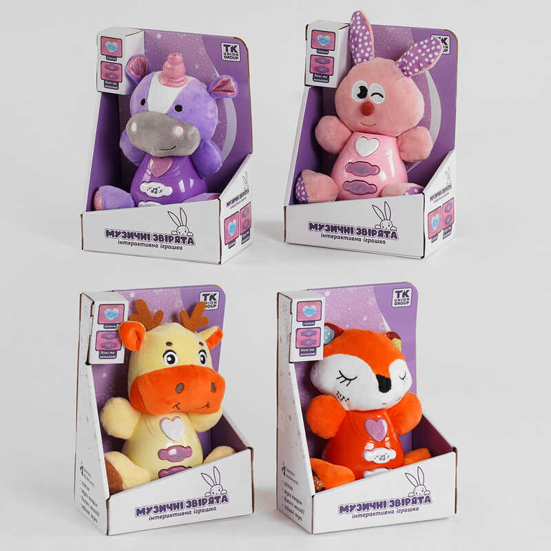 М'яке брязкальце UK-70104 (48) TK Group", 4 види, ОЗВУЧУВАННЯ УКРАЇНСЬКОЮ МОВОЮ, підсвічування, 3 пісні, 3 колискові, в коробці ВИДАЄТЬСЯ МІКС ВИДІВ