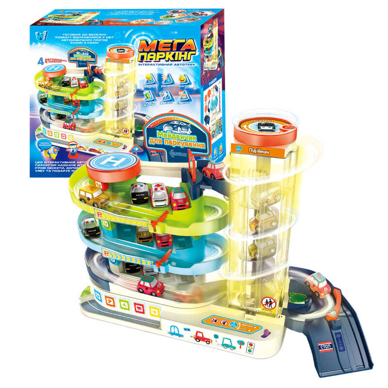 Інтерактивний автотрек 92629 (16) "WToys", ОЗВУЧУВАННЯ УКРАЇНСЬКОЮ МОВОЮ, автоматичний підіймач, звук, світло, пісні, 4 машинки, паркінг, виїзди, в коробці