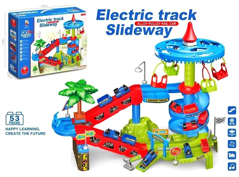 Трек 222 B 139 , 53 елементи, наліпки, 2 потяги, 2 знімних вагони, рухлива карусель, на батарейках, музика, зміна режимів, автоматичний підіймач, в коробці