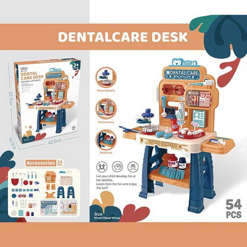 Набір стоматолога 8133 (8) 54 елементи, медичний стіл з поличками, муляжі щелеп та зубів, інструменти стоматолога, рухомі деталі, аксесуари та наліпки, в коробці