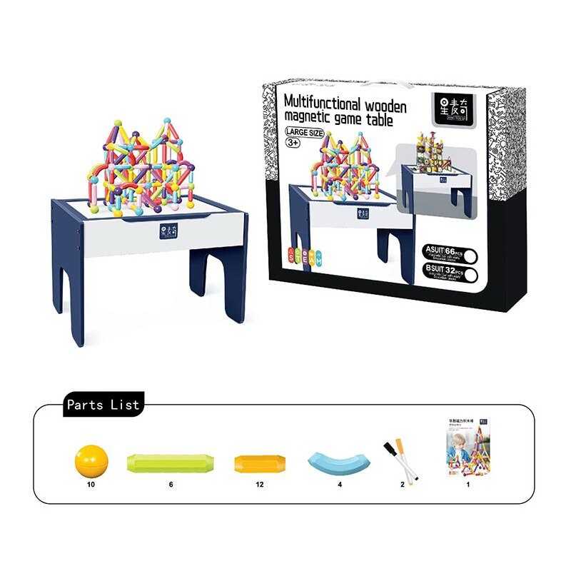 Магнітний конструктор XC-B 28 (4) 32 деталі, дерев’яний стіл 55х38х39 см, двостороння дошка для малювання, маркери, в коробці