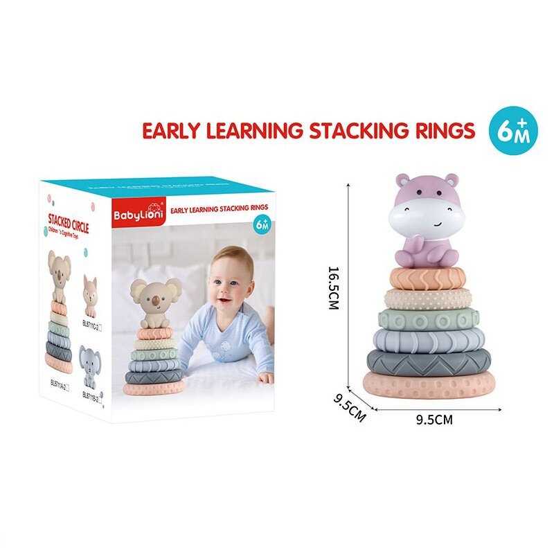 Пірамідка BL 8711 D2 (60)  “ Бегемотик”,  розмір: 9.5х9.5х16.5 см, гумова, 6 кілець, фігурка тварини, в коробці