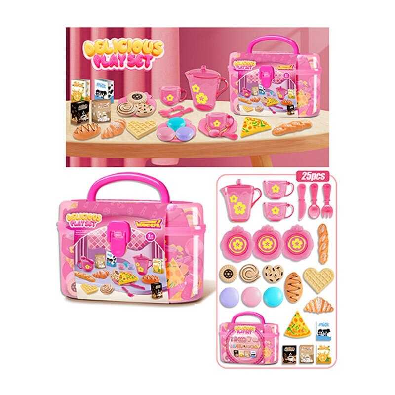 Набір продуктів 99022 (72/2) 25 елементів, 2 чашки, 3 блюдця, чайничок, ніж, ложка, вилка, смаколики, коробочки з напоями, в боксі