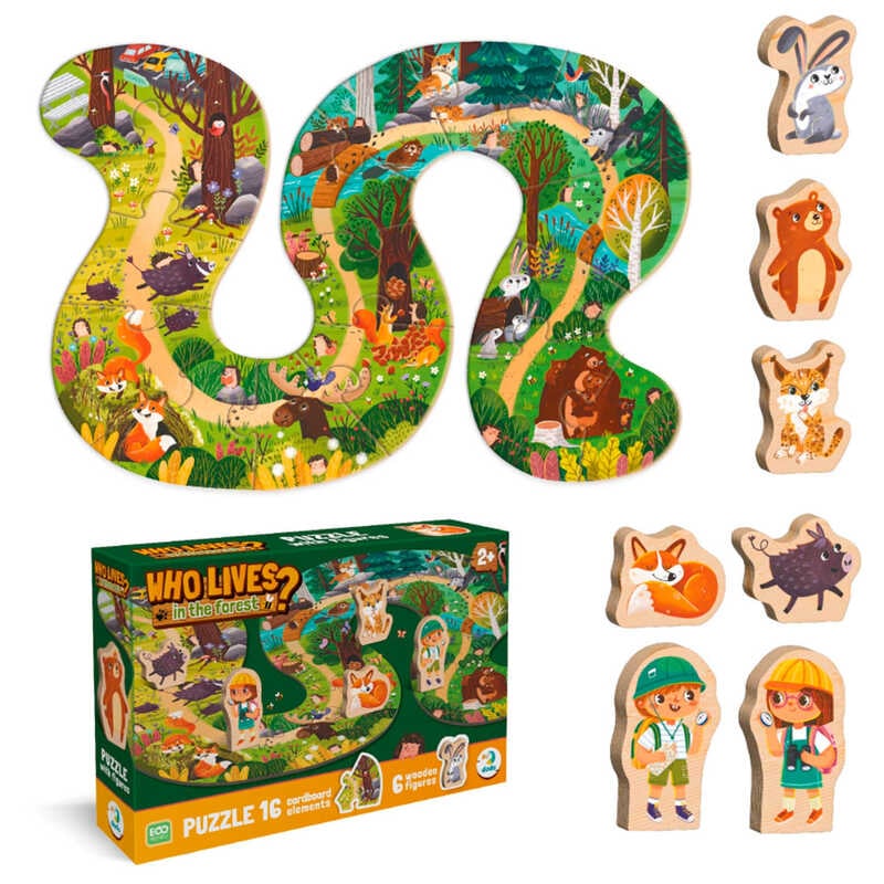 гр Пазл "Хто живе в лісі?" 300608 (18) "DoDo", 16 елементів, дерев’яні фігурки, 45х68 см, в коробці