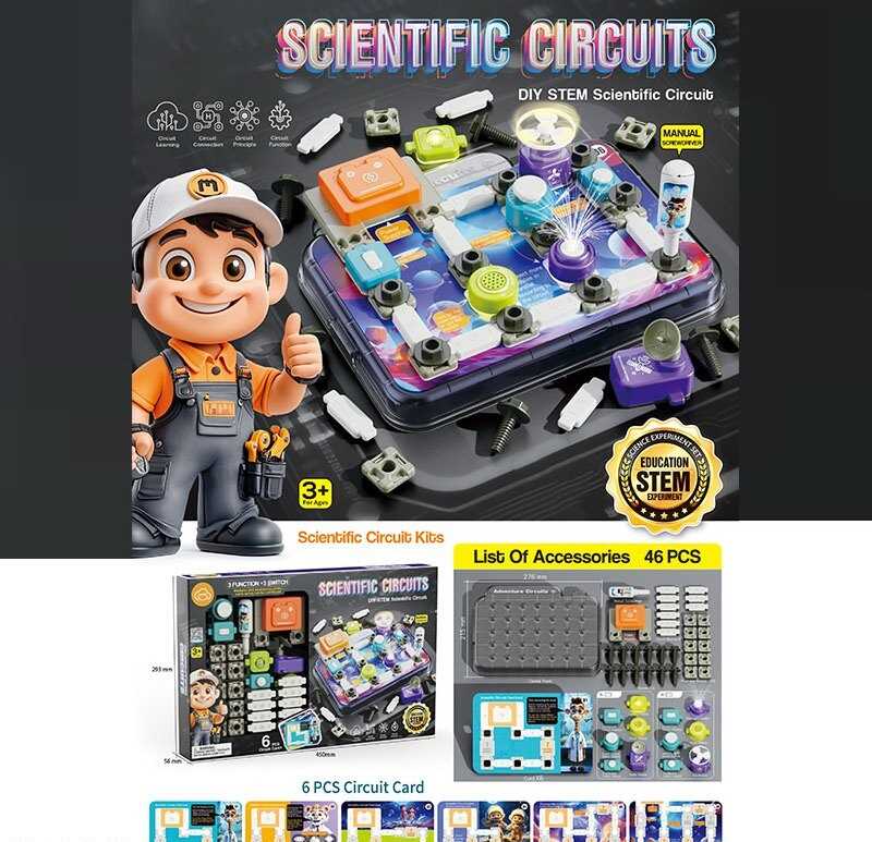 Електронний конструктор 77-55 K (24) 46 елементів, підсвічування, вентилятор, мелодія, 3 види перемикачів, 6 карток із прикладами, основа для збірки, в коробці