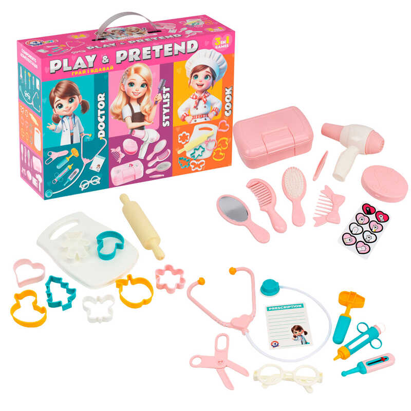 гр Подарунковий набір 2277 (5) "Technok Toys", 3 в 1, стетоскоп, термометр, бланк рецептів, качалка, формочки, фен, щітка, дзеркальце, в коробці