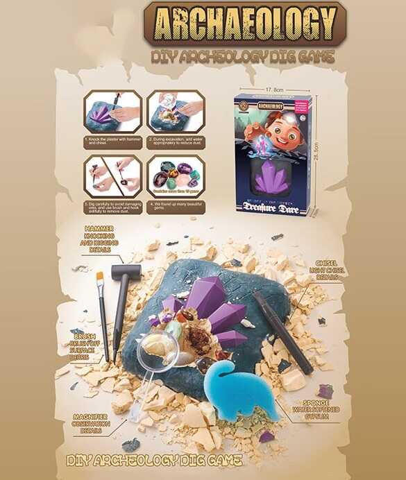 Розкопки 129-63 (48/2) гіпсовий блок, кристали, інструменти, в коробці