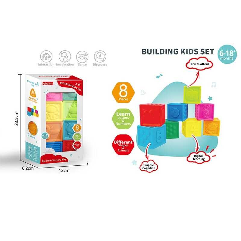 Сенсорні кубики 52077 (36) 8 штук, тварини, цифри, фрукти, в коробці