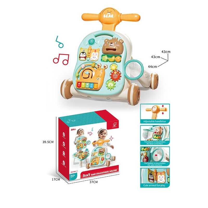 Ходунки 994 (10) 3в1, столик, бізіборд, сітка, 3 кульки, пальчикові ігри, рухомі шестерні, знімне піаніно, мелодії, підсвічування, в коробці