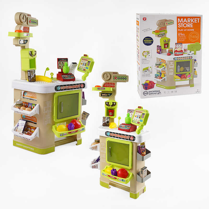 Супермаркет 922-200 (8) 67 елементів, звук, підсвічування, касовий апарат, сканер, ваги, купюри, монети, продукти, кошик, в коробці