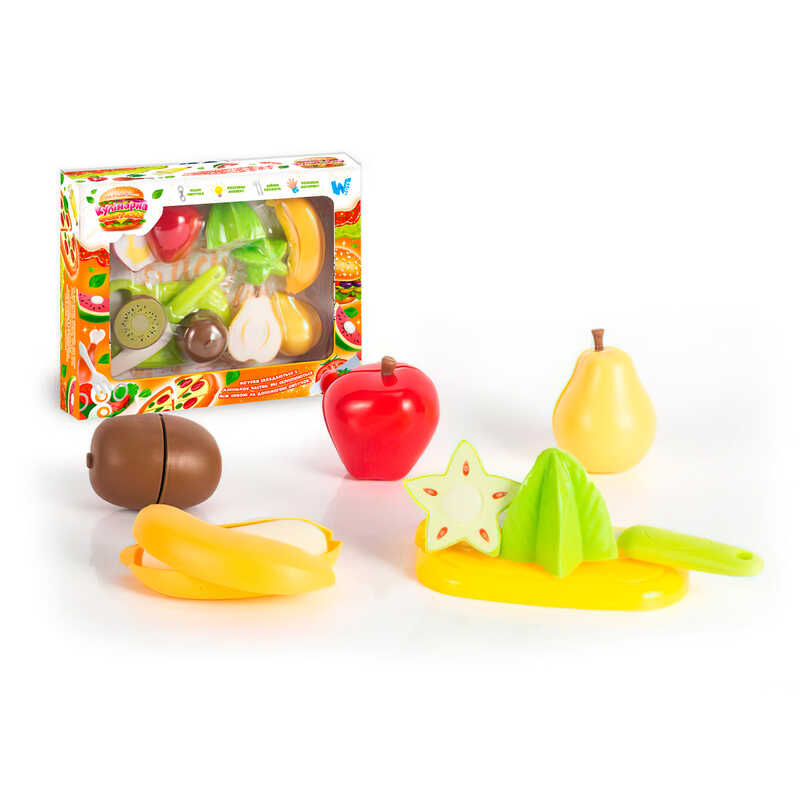 Набір продуктів “Кулінарна фантазія” 22140 (96/2) "WToys", 12 елементів, фрукти на липучках, дошка для нарізання, ніж, в коробці