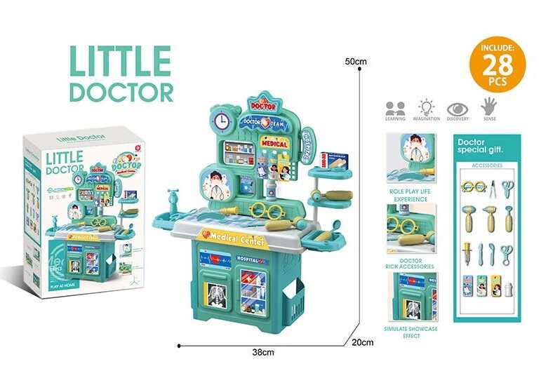 Набір лікаря 922-217 (24)  медичний центр, розмір: 38х20х50 см, окуляри, пінцет, ножиці, молоточок, дзеркало, затискач, отоскоп, дзеркало, ліки, пластир, наліпки,  в коробці