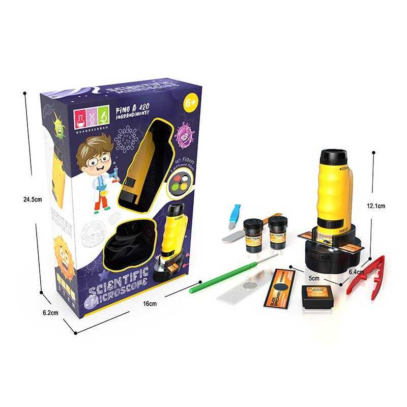 Мікроскоп 2120 A-1 (72/2) розмір: 5х6.4х12.1 см, підсвічування, 120х  збільшення, підсвічування, фокусування, 2 колби, предметні скельця, пінцет, інструменти, текстильний мішечок, в коробці