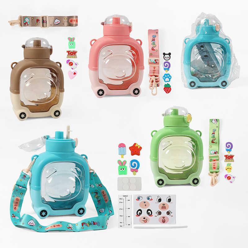 Пляшка для води C 69362 (60) 1000 мл, пластикова, наліпки, трубочка, ремінець, в пакеті, ВИДАЄТЬСЯ ТІЛЬКИ МІКС ВИДІВ