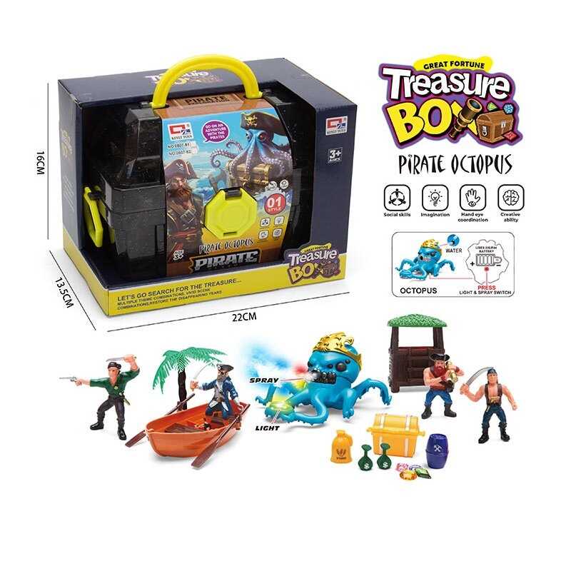 Набір піратів 0807-82 (36) 4 фігурки, човен, підсвічування, парогенератор, муляжі оточення, аксесуари, в коробці