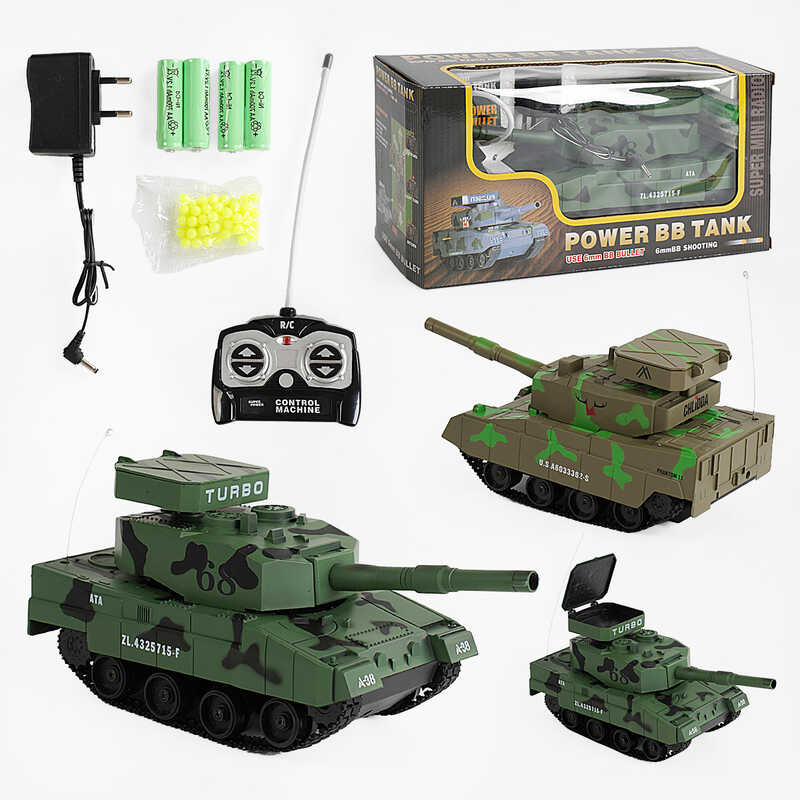 Танк на радіокеруванні 3881 A (36/2) 2 кольори, стріляє пульками 6мм, пульт 27MHz, гусеничний хід, 4 батарейки АА, блок для заряджання, в коробці