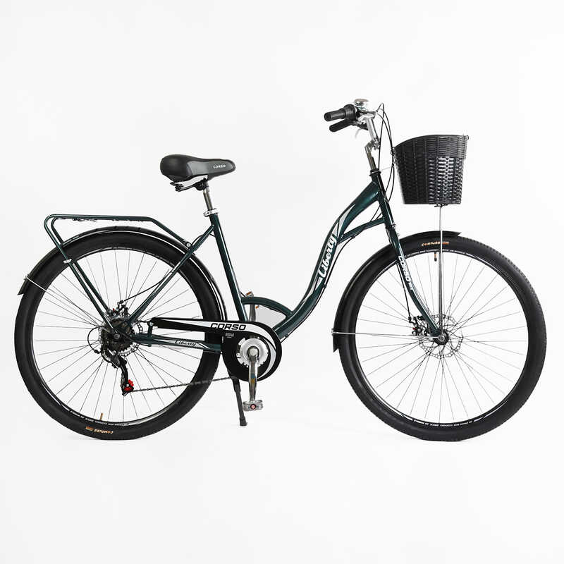 Велосипед міський Corso «Liberty» 28’’ дюймів LR-28193 (1) + КОШИK, ТЕМНО-ЗЕЛЕНИЙ, сталева рама 20``, Shimano 7 швидкостей, корзина, багажник