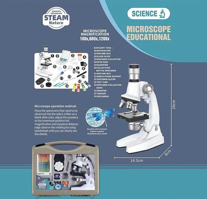 Мікроскоп 3307 (24) збільшення 100х, 600х та 1200х, інструменти, скельця, підсвічування, лупа, на батарейках, у валізі