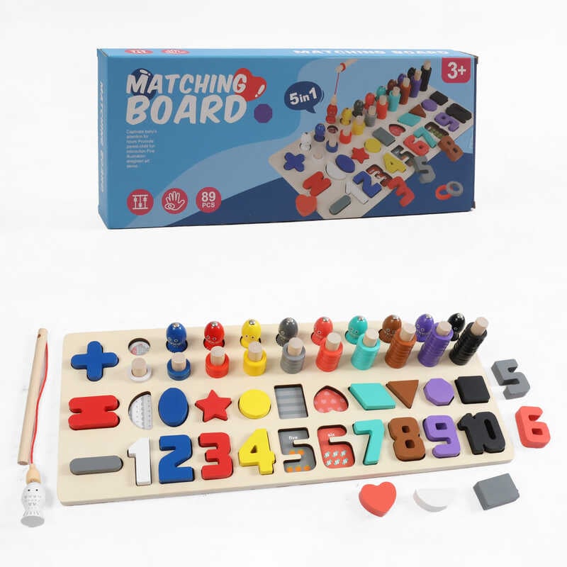 Логічна дерев’яна дошка C 74256 (30) 89 деталей, цифри, геометричні форми, магнітна риболовля, гра з кілочками, в коробці