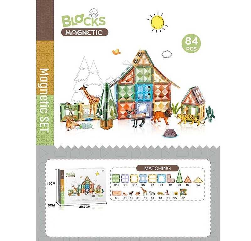 Магнітний конструктор CH 1211 (12) “Зоопарк”, 84 деталі, фігурки тварин, в коробці