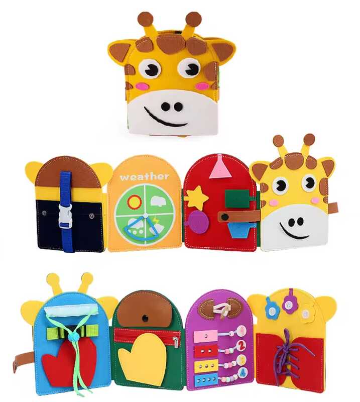 М'яка книжка-бізіборд C 73111 (40) “Жирафа”, фетр, розкладається, пальчикові ігри, рахівничка, аналоговий годинник, регульований ремінець, шнурівка, в пакеті