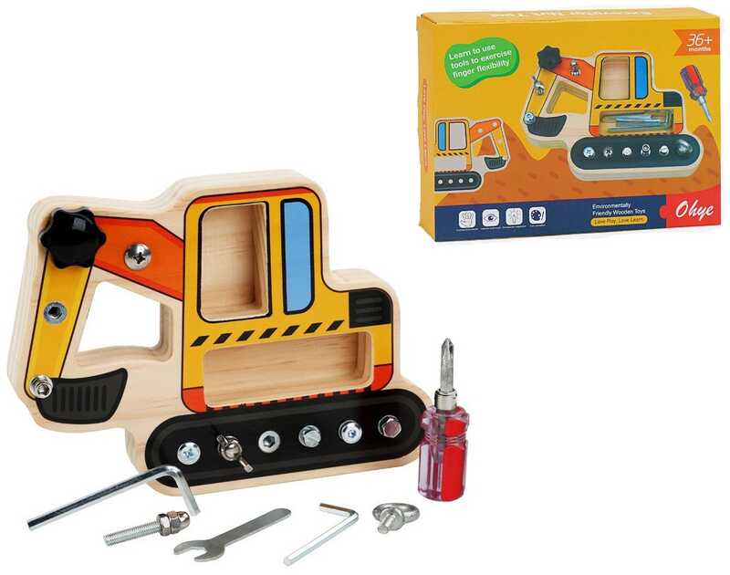 Бізіборд дерев'яний C 35584 (32) екскаватор, болтики, викрутка, ключик, шестигранник, у коробці