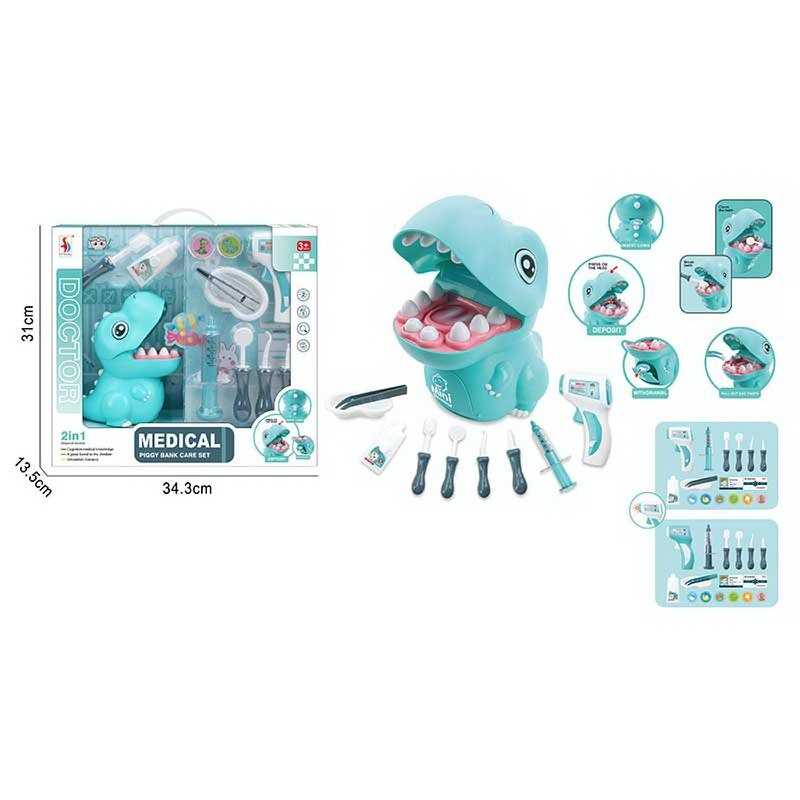 Набір стоматолога SD 169-292 A (18/2) скарбничка, шприц, фігурка динозавра з рухомою щелепою, інструменти, зубна паста, щітка, щипці, термометр, підсвічування, в коробці
