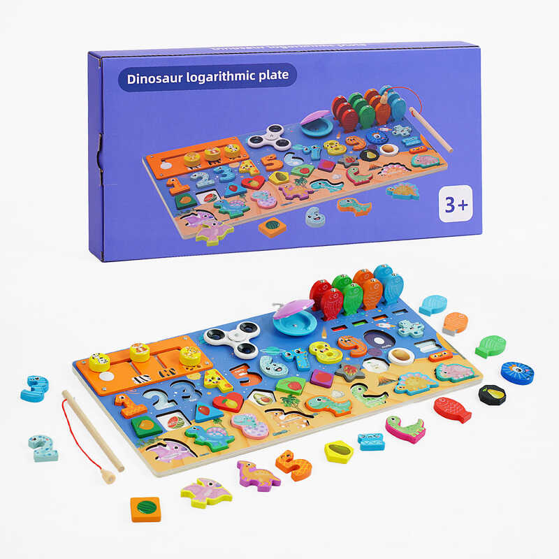 Логічна дерев’яна дошка 63983 / MBS 2304 / 6610-А1 (20) цифри, фігури, написи рос. мовою, пальчикові ігри, риболовля, динозаври, в коробці