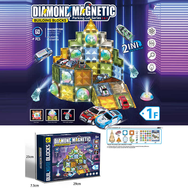 Магнітний конструктор 6815 A (18) 60 елементів, підсвічування, 6 металопластикових машинок, в коробці