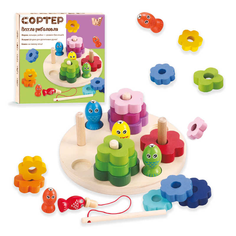 Логічна дерев’яна дошка 63544 (48) "WToys", дерев’яна, фігури, вудка, магнітна риболовля, сортер за кольорами та формами, в коробці