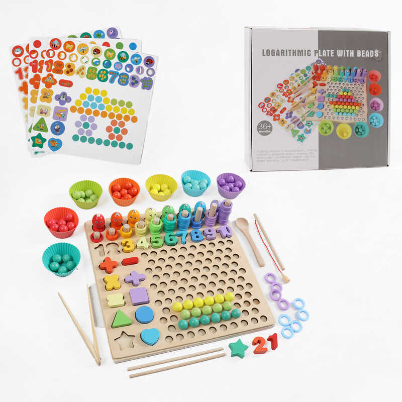 Логічна дерев’яна дошка C 74298 (16) кілочки, магнітна риболовля, кульки, цифри, 3 картки, аксесуари для гри, в коробці