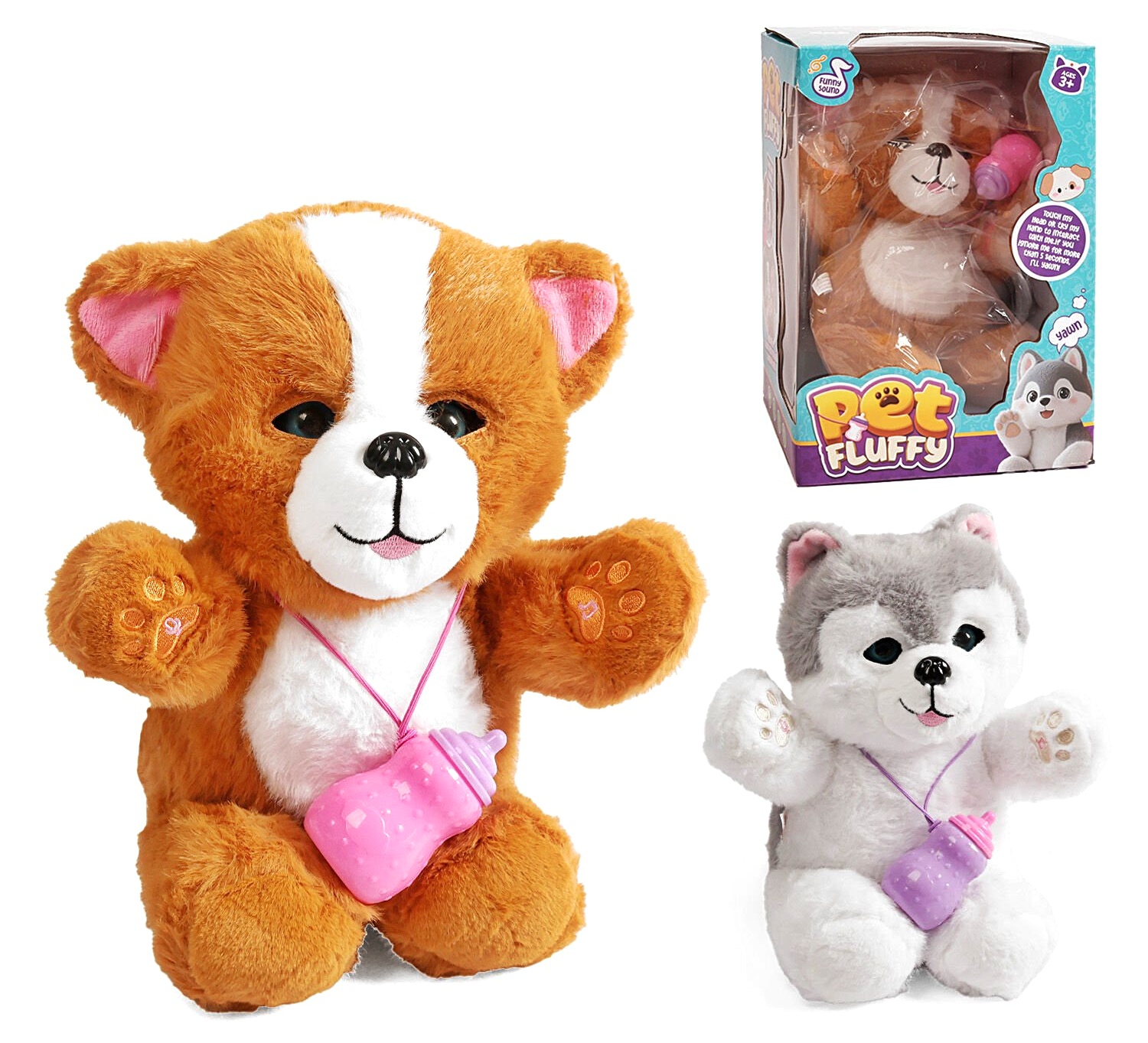 Інтерактивна тваринка F 43668 , 2 види, “Собачка”, запис та відтворення звуків, сенсорні, магнітні датчики, кліпає, мелодії, звуки, пляшечка, в коробці