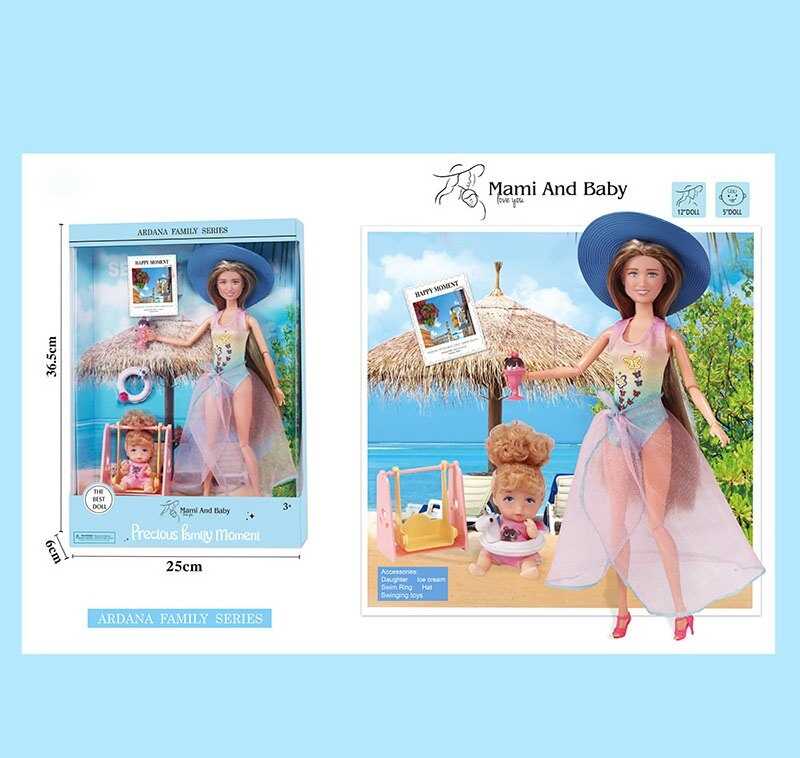 Лялька A 795-2 (36/2) мама з донечкою, надувне коло, гойдалка, коктейль, висота 30 см, в коробці