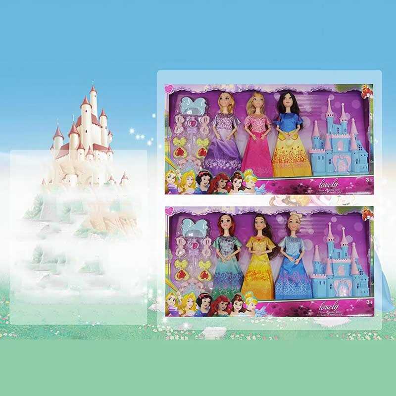 Набір ляльок K 016 A-1 (36/2) 3 ляльки, принцеси, знімний одяг, руки та ноги з точками артикуляції, аксесуари, замок, висота 28 см, в коробці