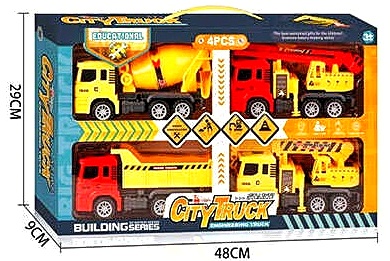 Набір спецтехніки 909-1 , 4 машини, інерція, платформи в кранів та підйомника обертаються на 360°, рухомі елементи, в коробці