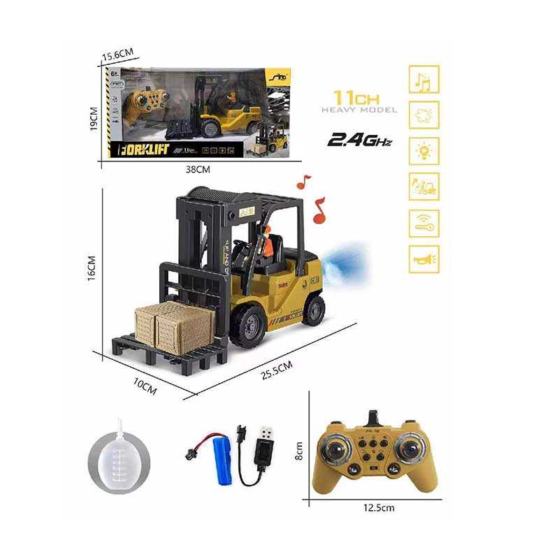 Спецтехніка на радіокеруванні QH 207-1 (24) “Навантажувач”, парогенерація, звуки, підсвічування, акум. 3.7V, USB-кабель, фігурка, вантаж, пульт 2.4 GHz, масштаб 1:24, гумові шини, автоматичний підіймач, в коробці