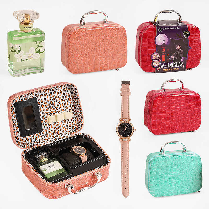 Набір аксесуарів 768-47 (60/2) 3 кольори, наручний годинник, парфуми, у валізі, ВИДАЄТЬСЯ МІКС ВИДІВ