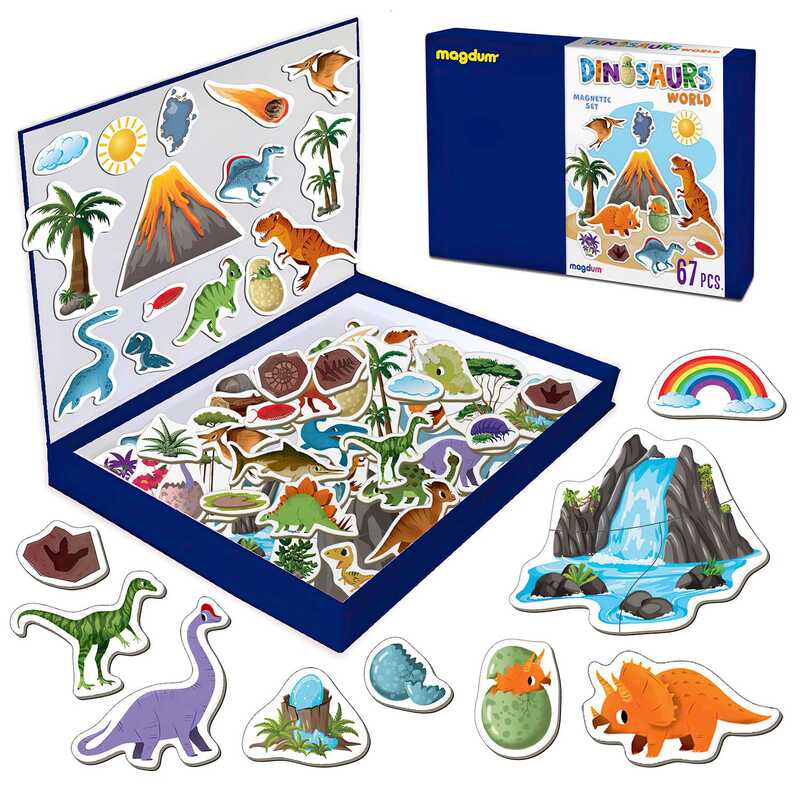 гр Набір магнітів "Світ динозаврів" ML4032-04 EN (10) "Magdum", 67 магнітів, магнітна дошка, в коробці