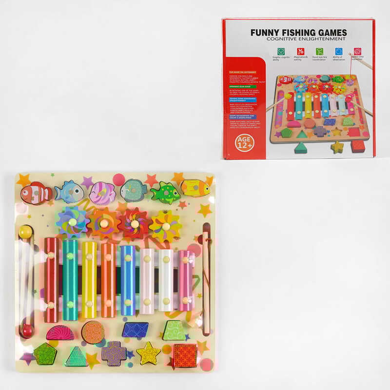 Логічна дерев’яна дошка C 63981 (24) ксилофон, рухомі шестерні, магнітна риболовля, геометричний сортер, в коробці